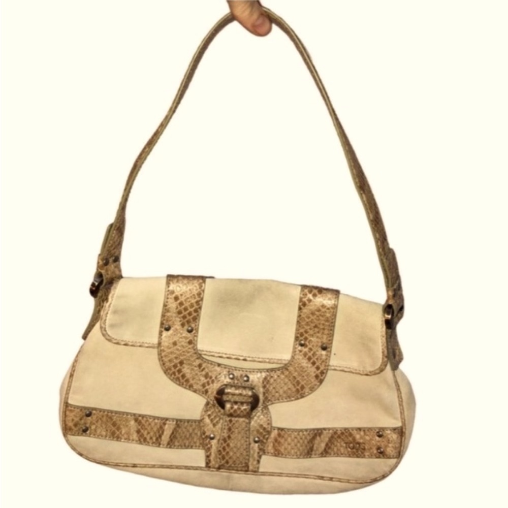 Tods Purse white cream tan leather snakeskin detailing hand bag DesignerTods bag